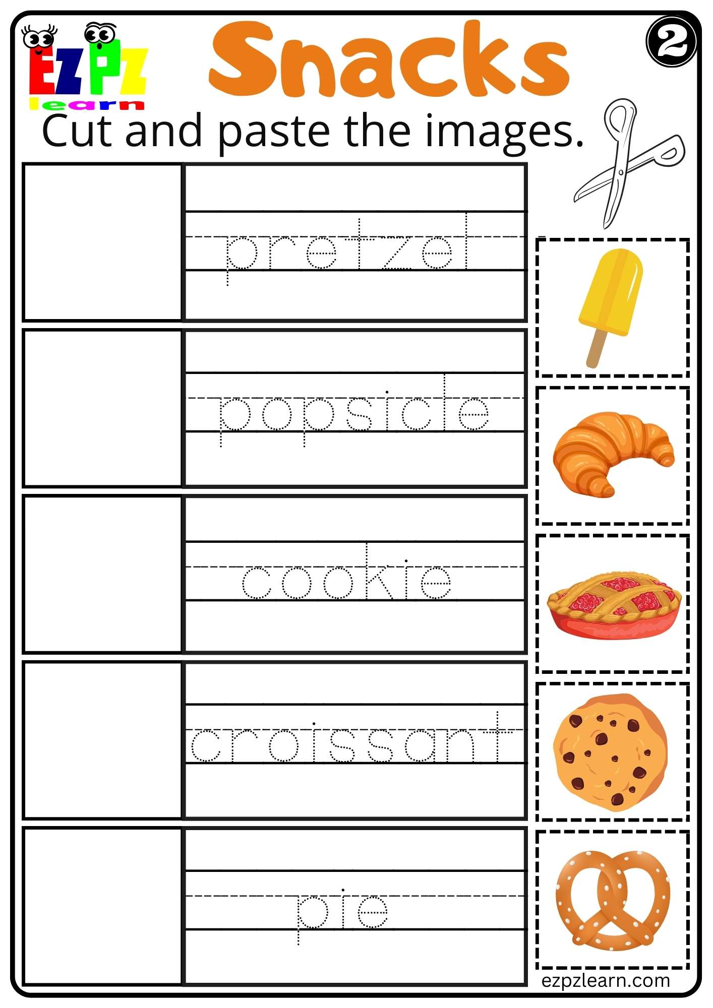 Snacks Cut and Paste Worksheet For Kindergarten K5 and ESL Teachers Free PDF Download Set2